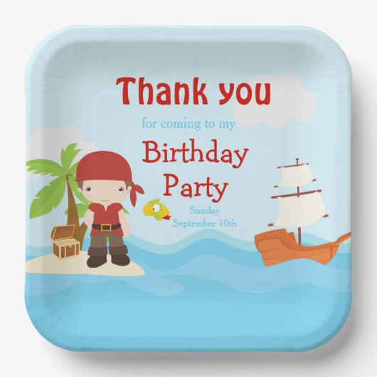 Cute Brunette Pirate Boy in Red Birthday Papieren Bordje (Voorkant)