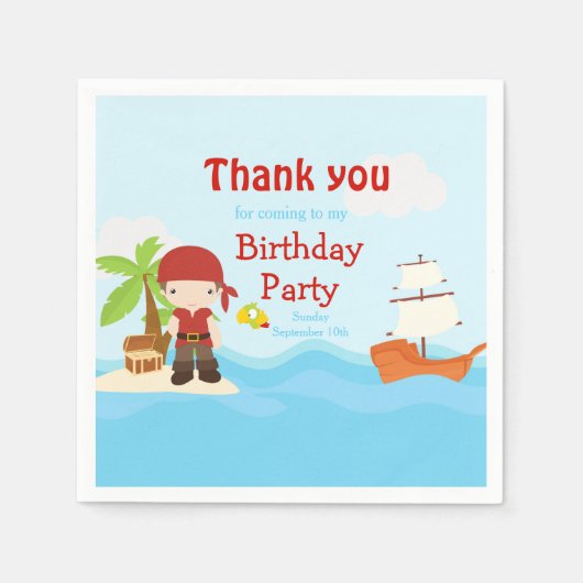 Cute Brunette Pirate Boy in Red Birthday Servet (Voorkant)