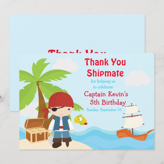 Cute Brunette Pirate Eye Patch Boy Birthday Party Bedankkaart (Voorkant / Achterkant)