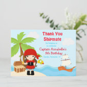 Cute Brunette Pirate Girl Birthday Party Bedankkaart (Staand voorkant)