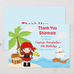 Cute Brunette Pirate Girl Birthday Party Bedankkaart