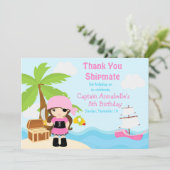 Cute Brunette Pirate Girl Birthday Party Bedankkaart (Staand voorkant)