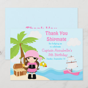 Cute Brunette Pirate Girl Birthday Party Bedankkaart