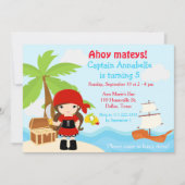 Cute Brunette Pirate Girl Birthday Party Kaart (Voorkant)