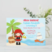 Cute Brunette Pirate Girl Birthday Party Kaart (Staand voorkant)