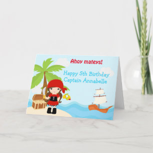 Cute Brunette Pirate Girl Birthday Party Kaart