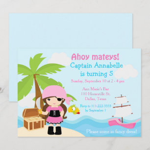 Cute Brunette Pirate Girl Birthday Party Kaart