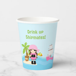 Cute Brunette Pirate Girl in Pink Birthday Party Papieren Bekers