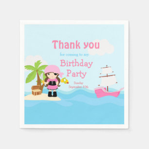 Cute Brunette Pirate Girl in Pink Birthday Party Servet