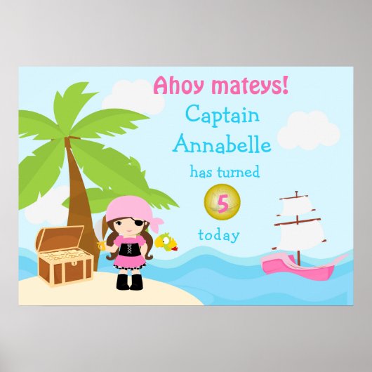 Cute Brunette Pirate Girl in Pink Birthday Poster (Voorkant)