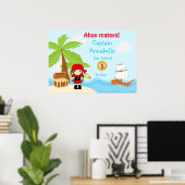 Cute Brunette Pirate Girl in Red Birthday Poster (Thuiskantoor)