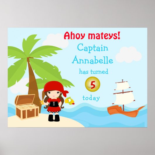 Cute Brunette Pirate Girl in Red Birthday Poster (Voorkant)