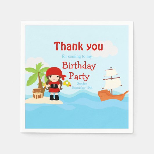 Cute Brunette Pirate Girl in Red Birthday Servet (Voorkant)