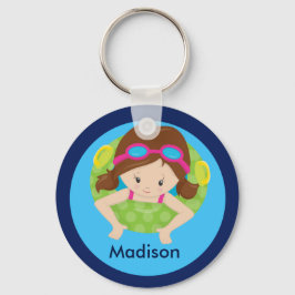 Cute Brunette Swim Girl met Goggles Custom Blue Sleutelhanger