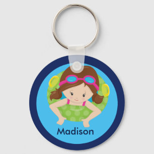 Cute Brunette Swim Girl met Goggles Custom Blue Sleutelhanger