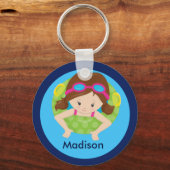 Cute Brunette Swim Girl met Goggles Custom Blue Sleutelhanger (Voorkant)