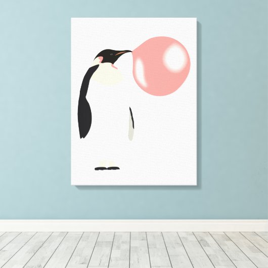 Cute Bubble Gum Penguin Blowble Bubble Canvas Afdruk (Insitu (Houten vloer))