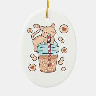 Cute Bubble Tea Cat Japanse Anime Pet Lover Keramisch Ornament