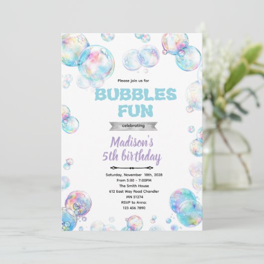 Cute bubble theme party invitation kaart (Staand voorkant)