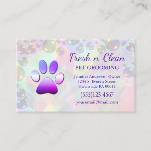 Cute Bubbles Incandescent Dog Paw Grooming Service Visitekaartje (Voorkant)