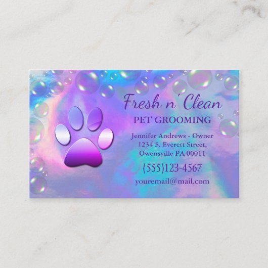 Cute Bubbles Incandescent Dog Paw Grooming Service Visitekaartje (Voorkant)