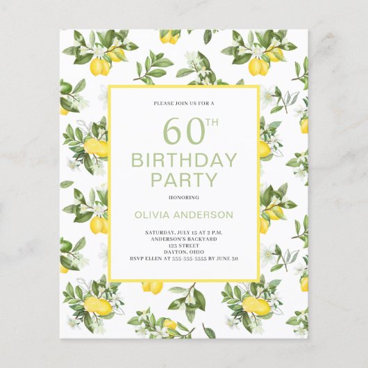 Cute Budget 60th Birthday Lemon Citrus Invitation Flyer (Voorkant)