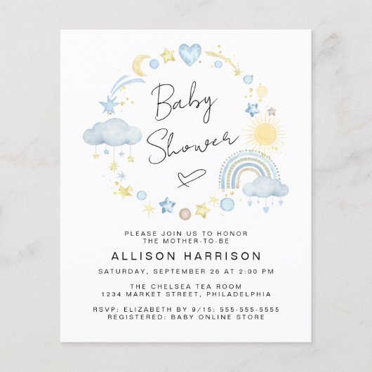 Cute Budget Boho Waterverf Baby Boy Shower Invite (Voorkant)