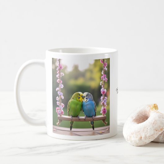 Cute Budgie Couple Snuggling Customized Name Koffiemok (Met donut)
