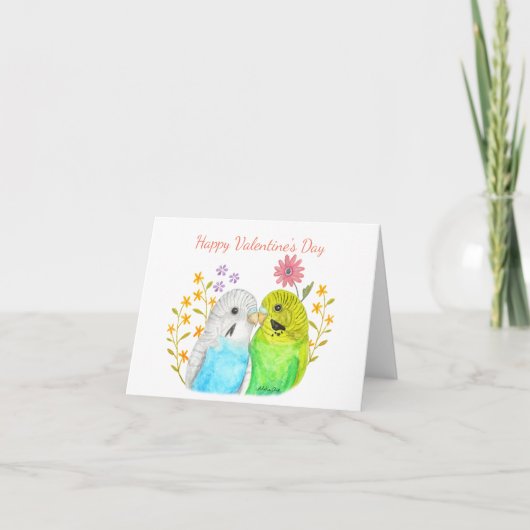 Cute Budgies Blue Green Yellow Happy Valentijns Kaart (Voorkant)