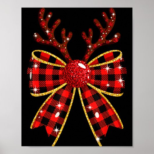 Cute Buffalo Plaid Coquette Bow Reindeer Christmas Poster (Voorkant)