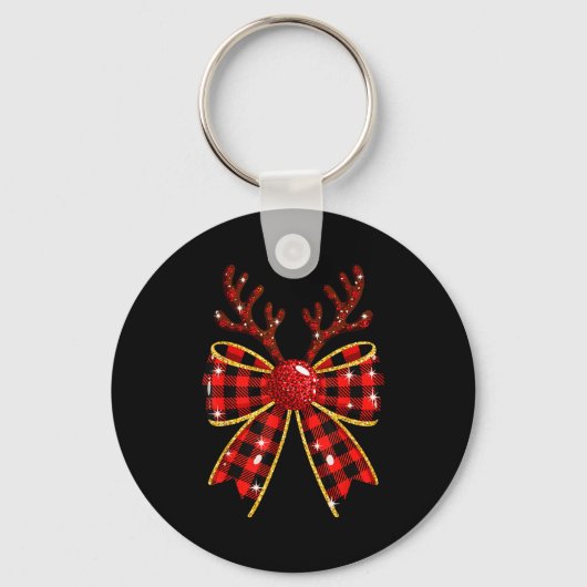 Cute Buffalo Plaid Coquette Bow Reindeer Christmas Sleutelhanger (Voorkant)