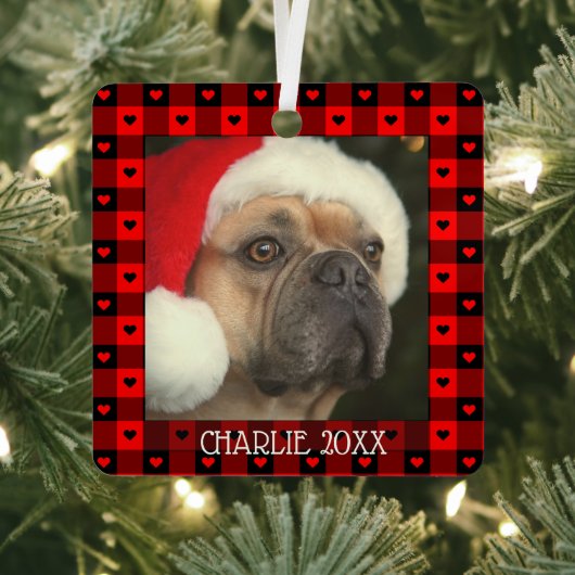Cute Buffalo Plaid Hartjes Custom Hond Kersthuisdi Metalen Ornament (Insitu)