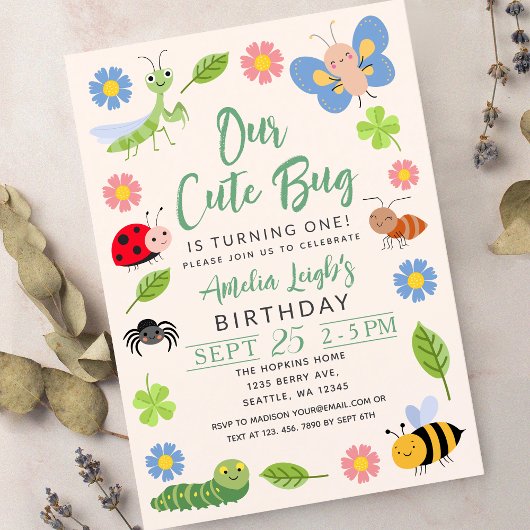 Cute Bug Ladybug Buttefly Kids 1st Birthday Party Kaart