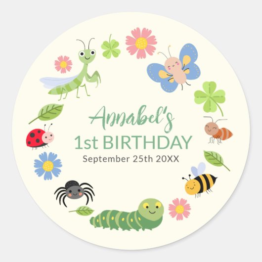 Cute Bug Ladybug Buttefly Kids 1st Birthday  Ronde Sticker (Voorkant)