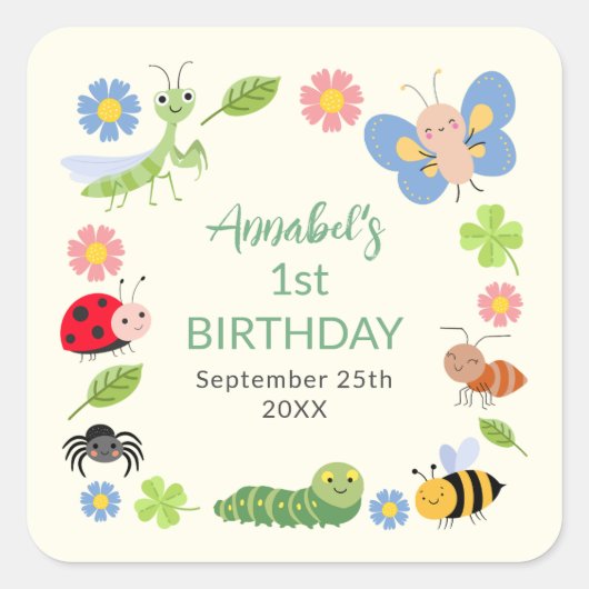Cute Bug Ladybug Buttefly Kids 1st Birthday  Vierkante Sticker (Voorkant)
