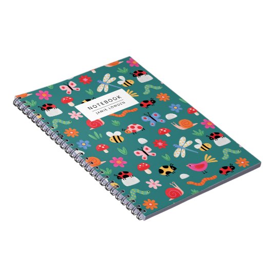 Cute Bug Pattern Notebook in Teal Notitieboek (Rechterzijde)