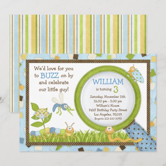 Cute Bugs Birthday Party Invitation Kaart (Voorkant / Achterkant)