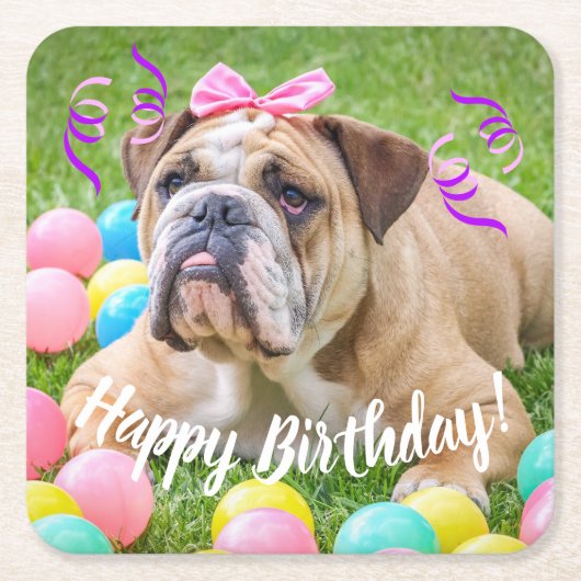 Cute Bulldog Happy Birthday Kartonnen Onderzetters (Voorkant)