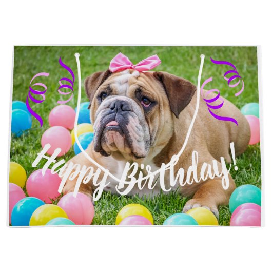 Cute Bulldog Happy Birthday Large Cadeautasje (Voorkant)