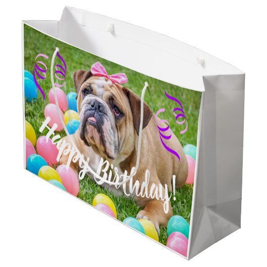 Cute Bulldog Happy Birthday Large Cadeautasje (Achterkant Gekanteld)
