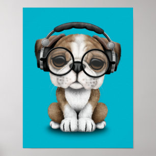 Cute Bulldog Puppy Dj met hoofdtelefoon Poster