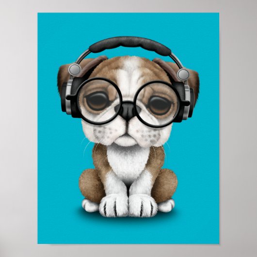  Cute Bulldog Puppy Dj met hoofdtelefoon Poster (Voorkant)