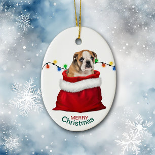 Cute Bulldog Puppy in Holiday Gift Bag Keramisch Ornament