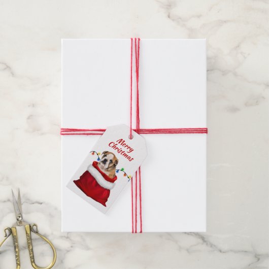 Cute Bulldog Puppy in Santa Bag Cadeaulabel (Met Touw)