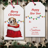 Cute Bulldog Puppy in Santa Bag Cadeaulabel