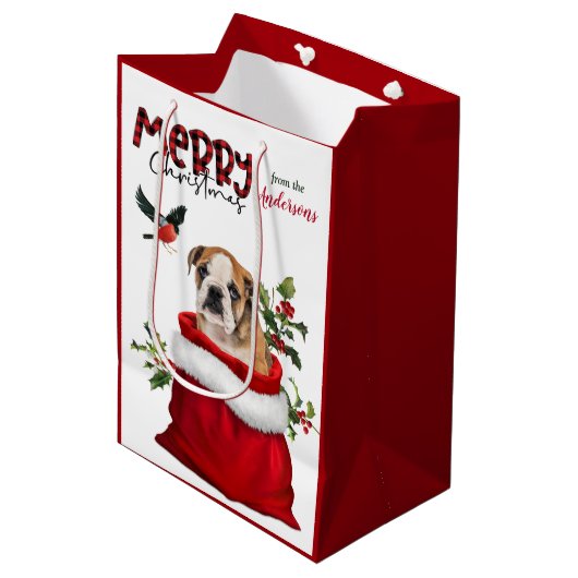 Cute Bulldog Puppy Kerstmis Medium Cadeauzakje (Voorkant Gekanteld)