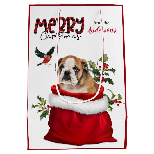 Cute Bulldog Puppy Kerstmis Medium Cadeauzakje (Achterkant)