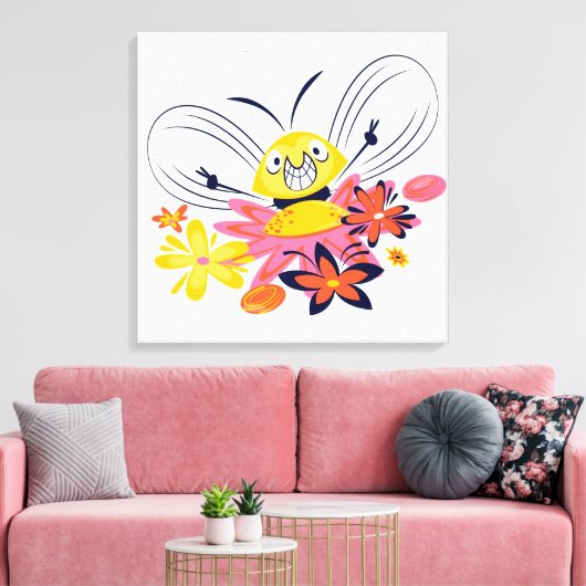 Cute Bumble Bee and Flowers Canvas Print (Insitu (Woonkamer))