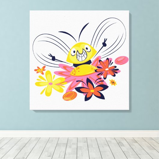 Cute Bumble Bee and Flowers Canvas Print (Insitu (Houten vloer))