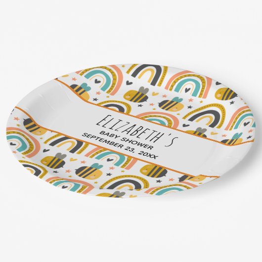Cute Bumble Bee and Rainbows Pattern Baby shower Papieren Bordje (Gekanteld)